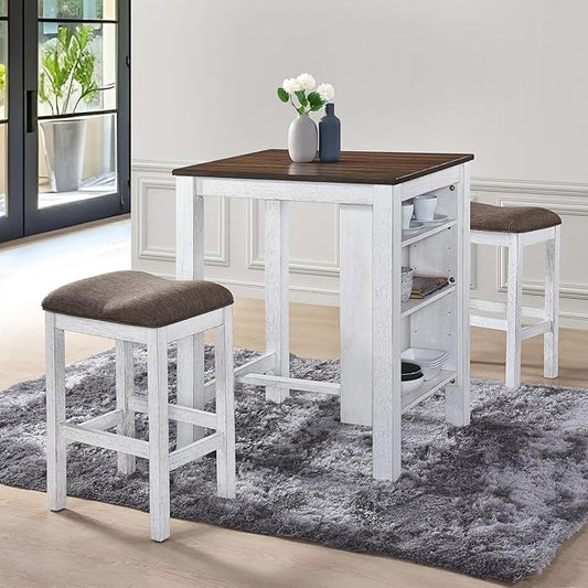 3-Piece Wooden Dining Table Set, Kitchen Island with Seating for 2, Kitchen Bar Table with Stools, Counter Height Dining Table Set, Antique Dark Oak & White, Farmhouse Style