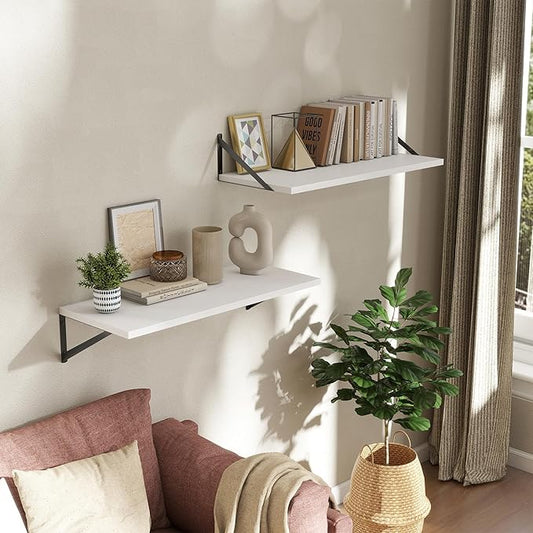 Acovy Deep Floating Shelves Wall Mounted, 30"x12" White Wall Shelves with Brackets Set of 2 for Bedroom, Living Room, Bathroom, Kitchen, Office - Storage & Display Shelf for Decor, Books, Plants