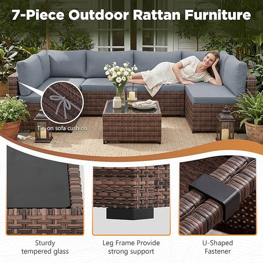 LHBcraft Patio Furniture Set,7 Pieces Outdoor Wicker Rattan Patio Furniture with Rain Cover, Wicker Rattan Outdoor Sectional Sofa Set with Coffee Table for Garden, Taupe-Blue