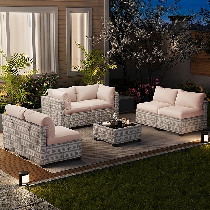 LOUVIXA 7 Piece Outdoor Patio Furniture Set, Outdoor Sectional Sofa, Wicker Rattan Patio Furniture, Patio Conversation Set with Coffee Table & Cushions