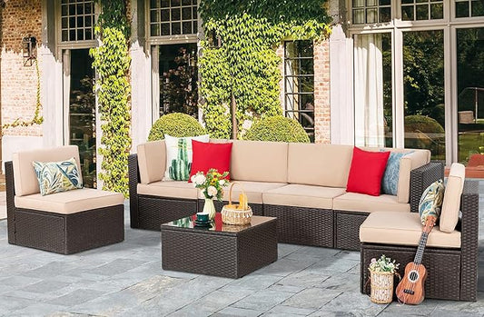 Vongrasig 8 Pieces Patio Furniture Set with 43" Fire Pit, Outdoor Couch Sectional Set, Small Conversation Set, 50,000 BTU Gas Fire Pit Propane Fire Table with Lid, Glass Wind Guard, Beige