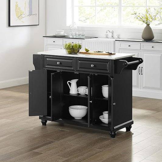 Crosley Furniture Cambridge Stone Top Rolling Kitchen Island Storage Cart, Microwave Stand, Spice Rack, Black