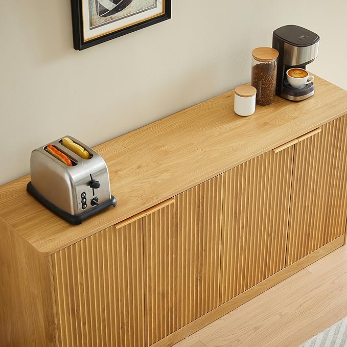 Ball & Cast 59" Fluted Buffet Cabinet Sideboard with Storage, Large Accent Cabinet with 6 Doors,Wood Mid Century Modern Sideboard for Living Room and Kitchen (59" W*27.7" H*15.7" D),Oak