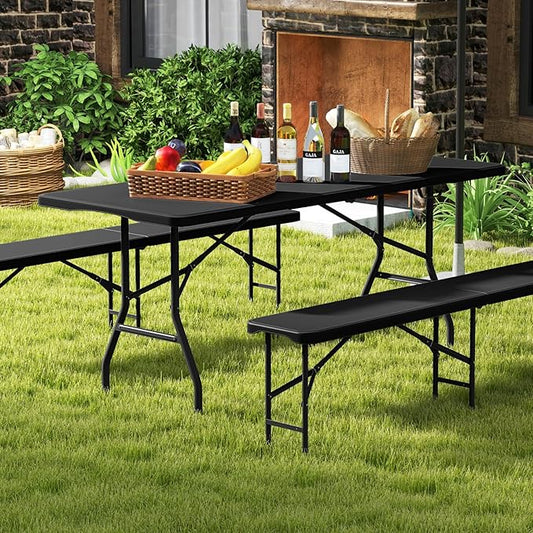 Goplus 6ft Plastic Folding Table, 350 LBS Outdoor Heavy Duty Folding Tables with HDPE Tabletop, Handle, Lock, Foldable Rectangle Portable Utility Card Table for Picnic, Party, Camping, Dining