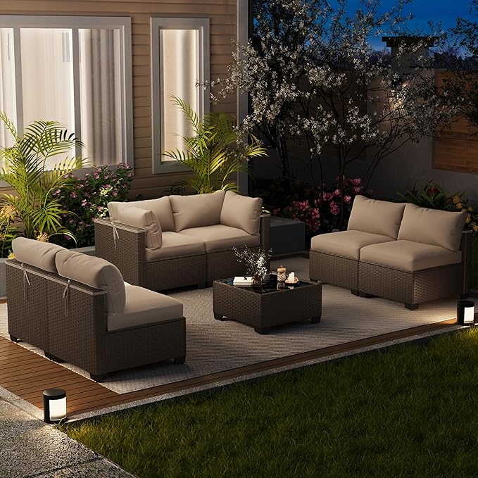 LOUVIXA 7 Piece Outdoor Patio Furniture Set, Outdoor Sectional Sofa, Wicker Rattan Patio Furniture, Patio Conversation Set with Coffee Table & Cushions