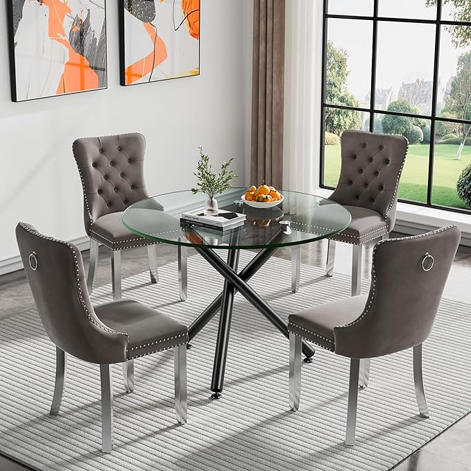 35.4'' Round Dining Table for 4 or 2, Glass Small Kitchen Table with Black Metal Tube Legs for Dining Room Living Room, Round Accent Tea Table Circular Dining Table