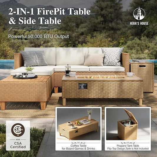 HERA'S HOUSE Patio Furniture Set with Fire Pit Table, 8 Pieces 6 Seats Wicker Outdoor Sectional Sets,Yellow Rattan Conversation Set with Sofa and Table for Backyard, l Shape Balcony Couch