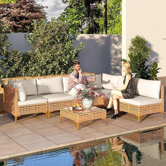 DWVO 7 Pieces Patio Furniture Set, PE Rattan Wicker Patio Conversation Set for Patio Backyard Poolside Porch, Outdoor Sectional Sofa with Coffee Table & Cushions