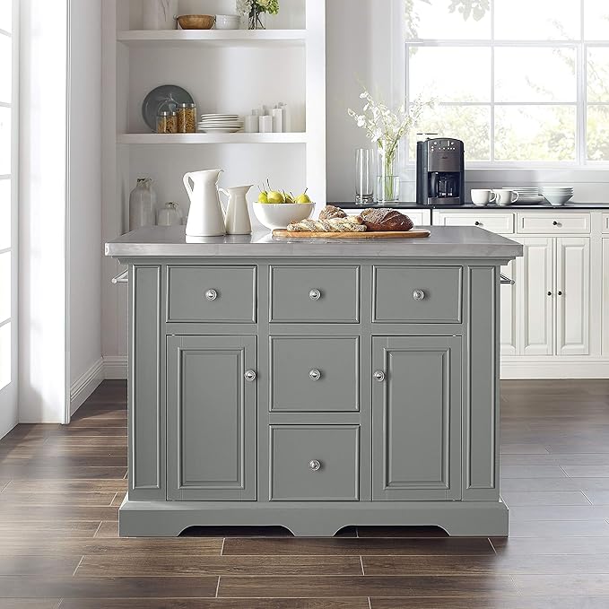 Crosley Furniture Julia Stainless Steel Top Kitchen Island with Storage Drawers, Shelves, and Spice Rack, Gray