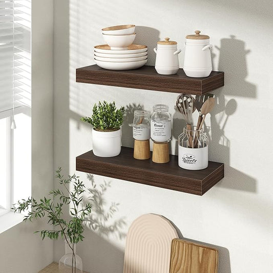 Acovy 16 Inch Floating Shelves for Wall 2 Pack, 16" Wall Shelves for Books, Storage, Decor, Wall Mounted Floating Shelf with Invisible Brackets for Kitchen, Living Room, Walnut