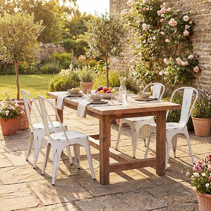 Shahoo Metal Dining Chairs Classic Iron Stackable Industrial Vintage Trattoria with Back, Indoor-Outdoor Side Settee for Home Bistro Cafe Kitchen Restaurant Set of 4, Old White