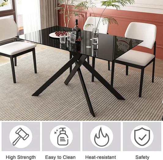 Rectangular Glass Dining Table, Tempered Glass Tabletop and Metal Legs, Modern Style Glass Kitchen Table for Home, Kitchen, Dining Room (Black, 52'')