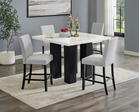 1pc Square Dining Table Counter-Height with Faux Marble Top Black White Wooden Stone Modern Design for Kitchen Islands