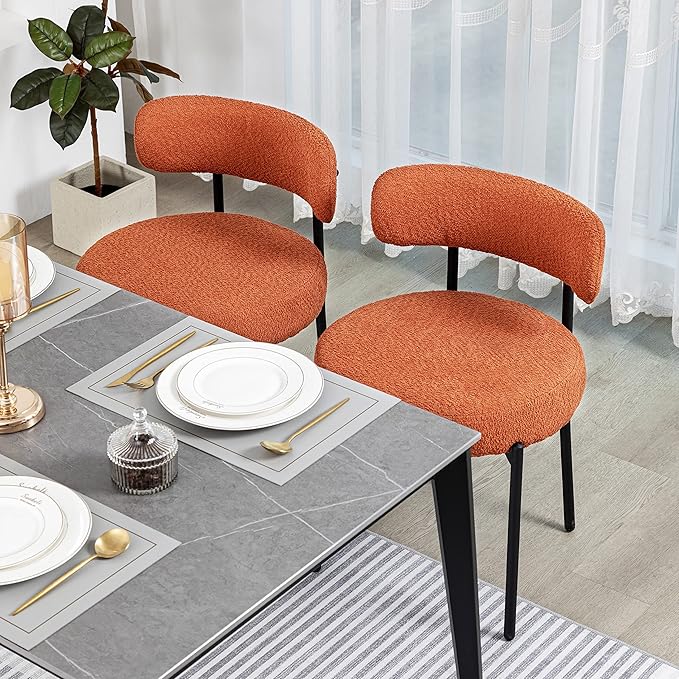 DYHOME Mid-Century Modern Dining Chairs Set of 2, Boucle Dining Chairs Upholstered with Black Metal Legs, Curved Backrest Kitchen Dining Room Chairs, Orange