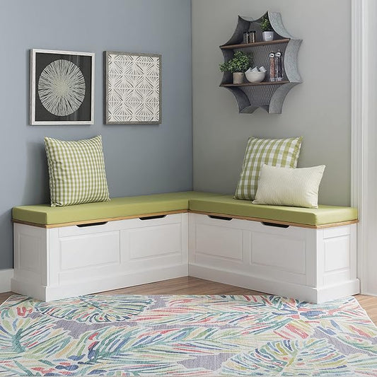 Linon Tobin Natural & White Dining Nook with Hidden Storage Spaces Includes Apple Green Cushion Set and Pillows