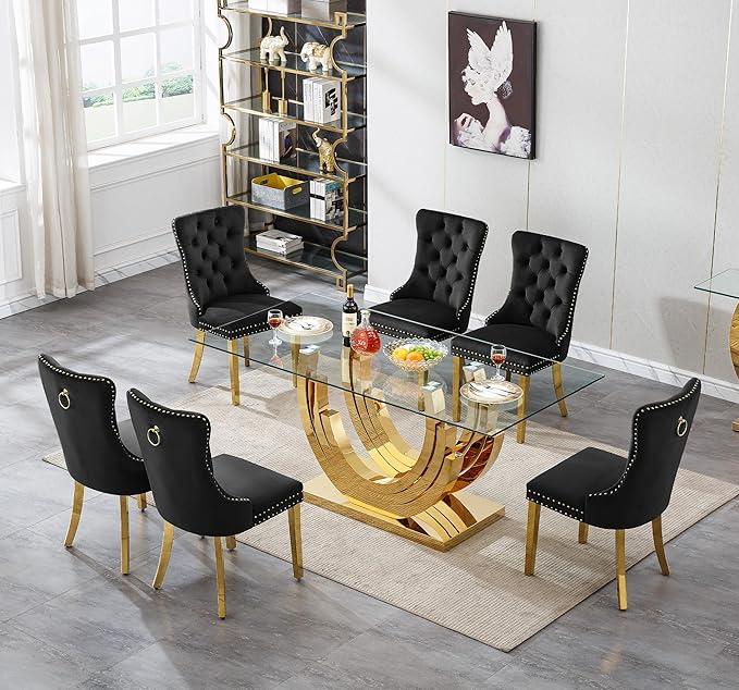 Dining Table for 4 6 People,70" Modern Glass Kitchen Dining Room Table with Tempered Glass Top and Gold Geometric Stainless Steel Pedestal,Luxurious Rectangle Dinner Table for Kitchen, Dining Room