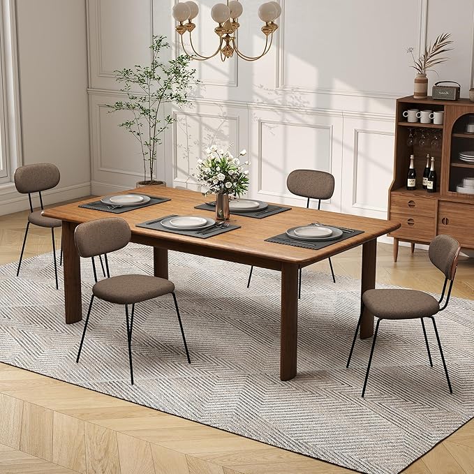 LSSPAID Dining Chairs Set of 4, Linen Fabric Upholstered Dining Room Chairs with Walnut Bentwood Back, Mid-Century Modern Kitchen Chairs with Adjustable Feet Pads, Coffee