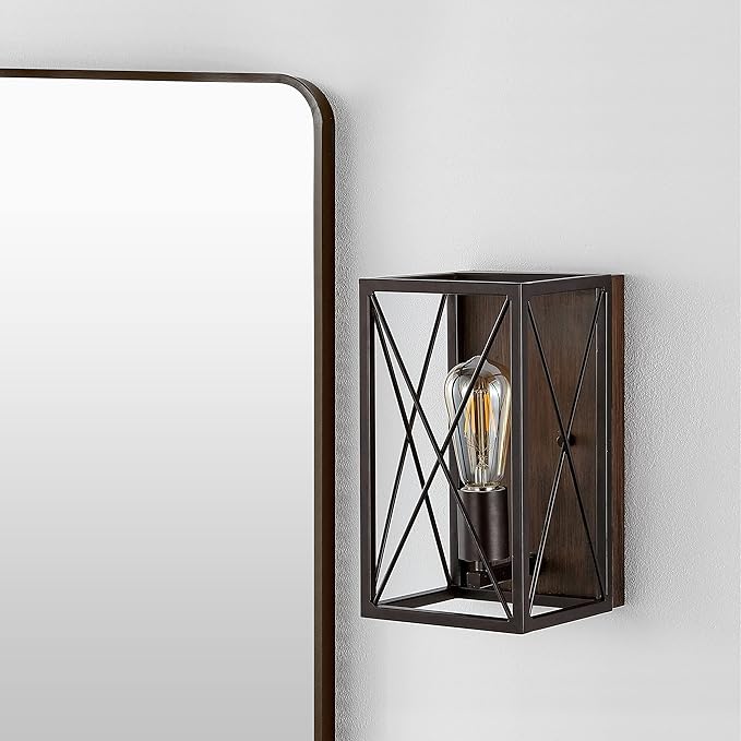 JONATHAN Y 6" Oil Rubbed Bronze/Wood Finish 1-Light Iron Sconce, Farmhouse Rustic X-Frame Wall Lantern for Bathroom Hallway Entryway, Modern Industrial Lamp, LED Bulb Included JYL1310A