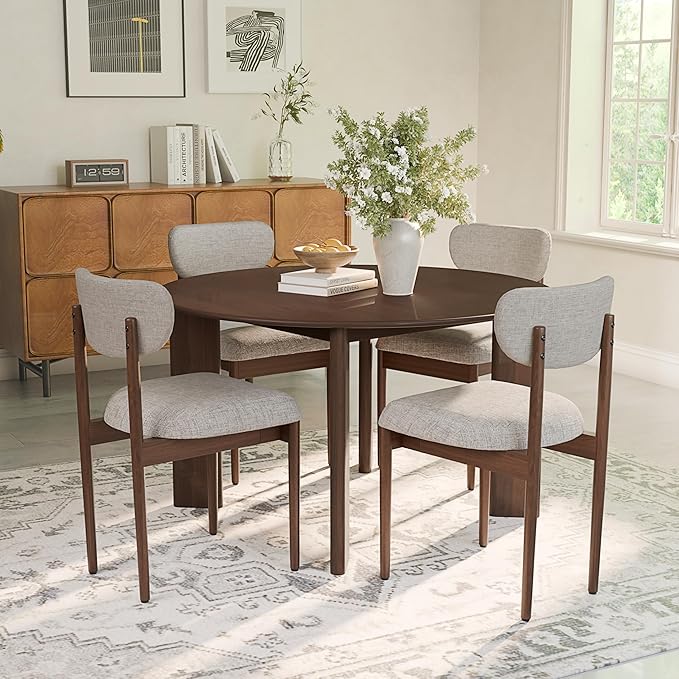 Casaphoria Upholstered Dining Chairs Set of 2, Mid-Century Modern Kitchen Chairs with Solid Wood Legs & Thick Cushion, Ergonomic Fabric Accent Chairs for Dining Room, Vanity & Office, Gray and Walnut