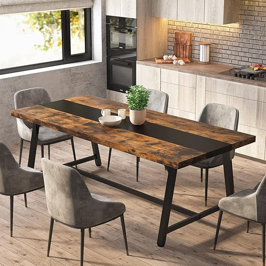 LITTLE TREE 70.87 Inches Dining Table for 8 People, Wooden Kitchen Table with Strong Metal Frame for Big Family, Rectangular Large Long Dining Room Table for Gathering, Rustic Brown