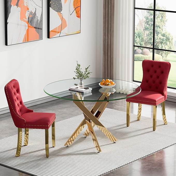 Henf 47.24" Glass Round Dining Table with X-Shape Metal Legs, Gold Kitchen Table for 4-6 People, Round Glass Dining Room Table for Small Space, Easy Assembly Circular Side Desk