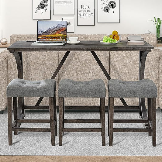 4-Piece Counter Height Table Set with Power Outlet, Wooden Dining Table and 3 Upholstered Stools, Modern Kitchen Pub Set for 4, Dark Gray