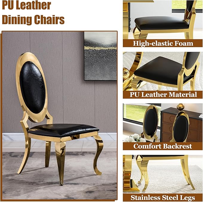 7-Piece Modern Luxury Dining Table Set, 70" Black Tempered Glass Kitchen Table with Gold Polished Stainless Steel U-Shaped Pedestal Base and 6 Black Oval High-Back PU Leather Chairs for Dining Room