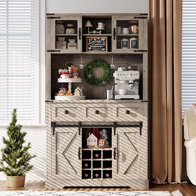 IDEALHOUSE 72" Coffee Bar Cabinet with Storage, Farmhouse Large Kitchen Pantry Hutch with Sliding Barn Door, Tall Grey Buffet Cabinet with 3 Drawer and Wine & Glasses Rack, for Living Dining Room