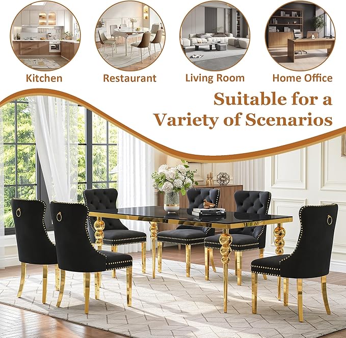 7 Piece Glass Dining Table Set, Modern 70 Inch Gold Rectangular Glass Kitchen Table, 6 Beige Exquisite Velvet Cushion Chairs for Living Room, Restaurant (Black-Top)