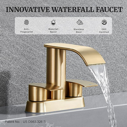Ultimate Unicorn Bathroom Faucet for Sink Champagne Bronze, 4 Inch Bathroom Faucet for 3 Hole or 2 Hole, 2 Handle Waterfall Faucets with Pop up Drain, Centerset Faucets for RV Counter