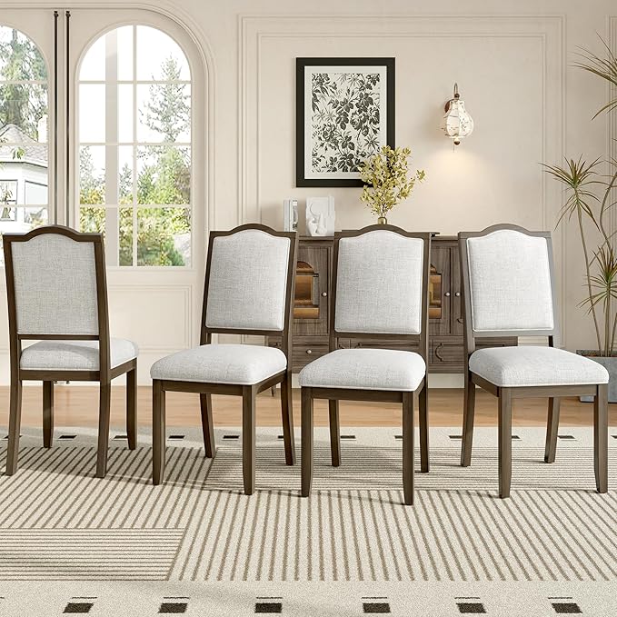Ball & Cast Farmhouse Dining-Chairs Set of 4, High Back Wood Frame Dining Room Chair with Padded Seat, Modern Upholstered Kitchen Island Seating, 4 Pack Mid-Century Chairs, Brown&Beige