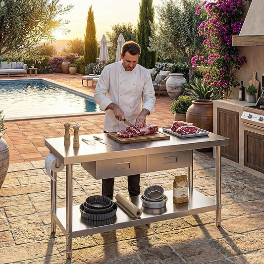 DWVO 60x24in Stainless Steel Table, NSF Metal Prep Worktable with 2 Drawers for Kitchen Restaurant Hotel Garage Warehouse Home