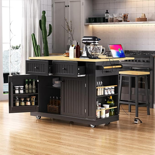 GOWE 48inch Large Kitchen Island with 2 Bar Stools, Power Outlet, Door Internal Storage Rack, Kitchen Storage Cart on 5 Wheels with Drop Leaf, 5 Open Side Racks, 2 Drawers, Black (Three Packages)