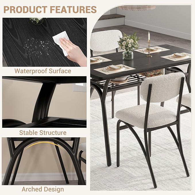 GarveeHome 5-Piece Dining Table Set for 4, Modern Kitchen Table with 4 Boucle Chairs, Rectangular Dining Table with Storage Shelf & Marble Tabletop, Beige Home Dining Furniture for Small Space