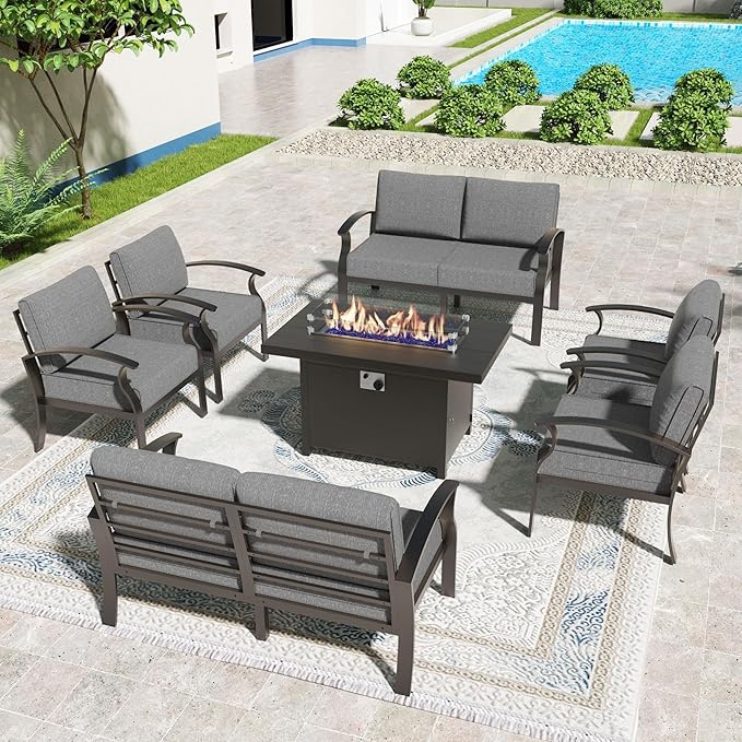 Metal Outdoor Patio Furniture Set for 8,Aluminum Patio Sectional Set w/Propane Fire Pit Table,Outside Furniture w/Removable Sponge Cushion for Porch, Balcony, Yard,Gray