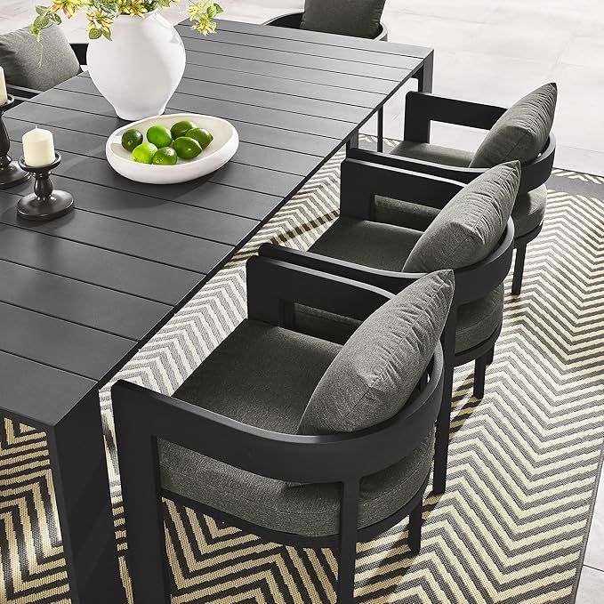 Modway Tahoe Outdoor Patio Powder-Coated Aluminum 9-Piece Dining Set in Gray Charcoal - Rectangular Patio Furniture Set for 8 - Outside Table with Umbrella Hole and Cushioned Chairs - Modern Patio Set