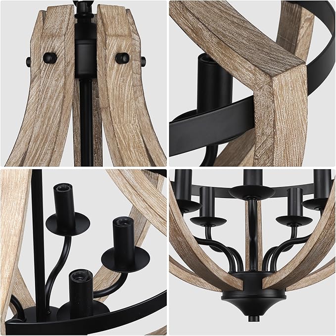 5-Light Farmhouse Wood Chandeliers for Dining Room, Adjustable Height Hanging Rustic Geometric Light Fixture for Kitchen Island Foyer Entryway Living Room