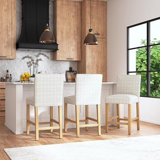 Homepop Home Decor | Classic Counter Height Bar Stools | 24 Inch Bar Stools | Decorative Home Furniture, Cream Mini Grid Pattern