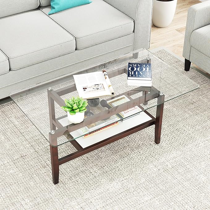 Giantex Glass Coffee Table, 42 Inch 2-Tier Rectangular Cocktail Table with Storage Shelf & Solid Rubber Wood Legs, Modern Center Table for Living Room, Home Office, Brown