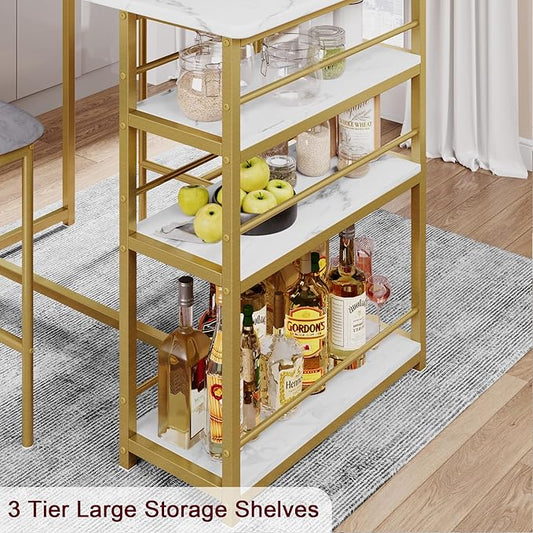TrailBlaze 3-Piece Dining Table Set for 2, Counter Height Bar Table with 3 Storage Shelves, Soft Fabric Upholstered Chairs - Space-Saving Kitchen & Dining Room for Apartment, Small Spaces - Golden