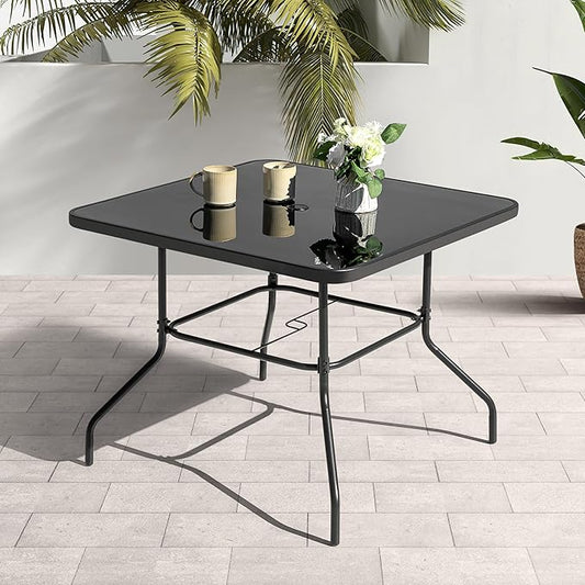 NUU GARDEN 31.5'' Square Outdoor Table, Patio Table with Umbrella Hole, Patio Dining Table with Tempered Glass, Outdoor Dining Tables, Square Patio Table for Balcony, Backyard, Poolside,Black