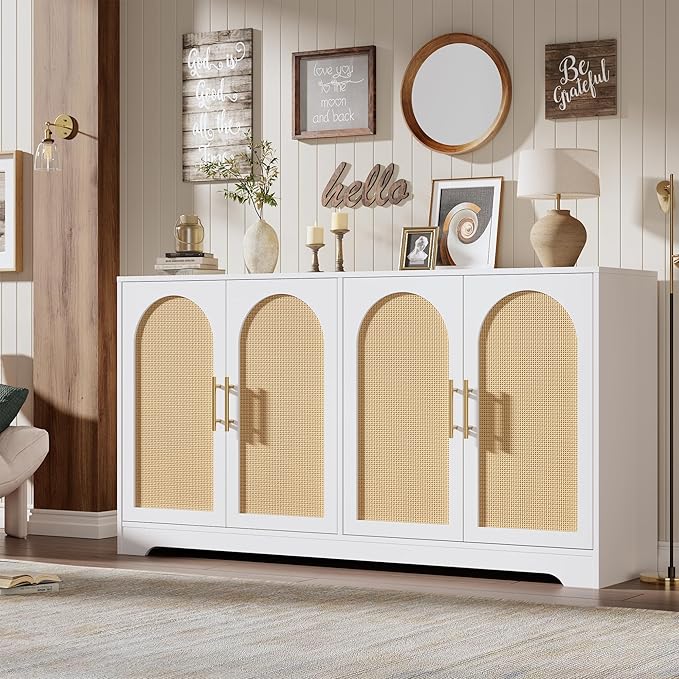 GarveeHome Sideboard Buffet Cabinet - Credenza Storage with 2 Rattan Doors and Shelves, Modern Console Table Accent Coffee Bar Cabinet for Living Room, Kitchen, Hallway, Dining Room, Entryway, White