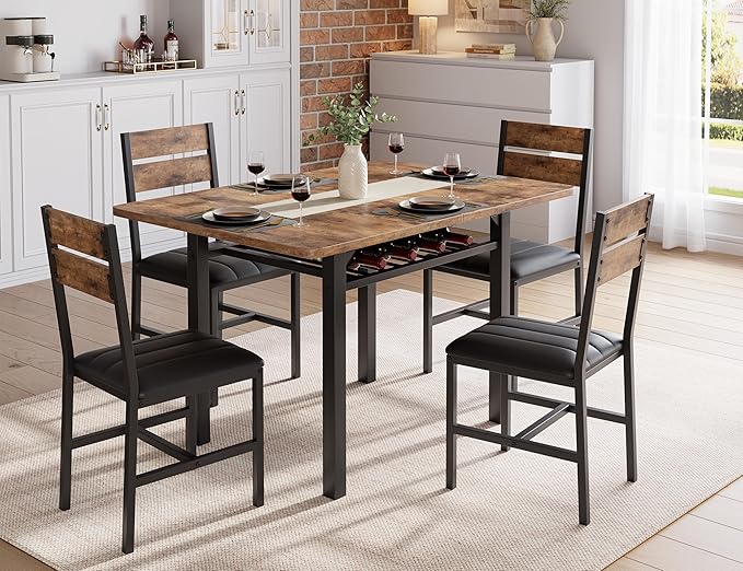 MapleGrace Dining Table Set for 4, Extendable Kitchen Table with 4 PU Leather Upholstered Dining Room Chairs, Wood Kitchen Table Set with Built-in Storage Rack for Dining & Small Spaces, Rustic Brown