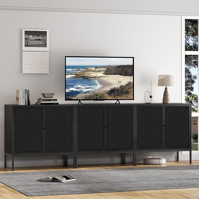 Brafab Set of 2 Black Sideboard Buffet Cabinet with Natural Rattan Decorated Doors, 31.5" W Rattan Cabinet, Console Storage Cabinet, Boho Credenza for Living Room, Entryway, Dining Room/Square Doors