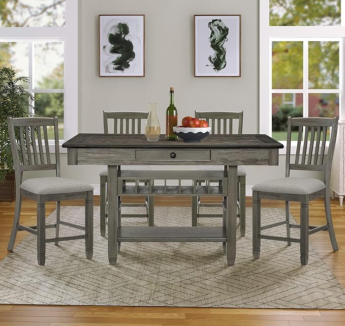 Lexicon Counter Height Stools Set of 2 - Saratoga Kitchen Counter Stools Upholstered Foam Padded Seat, Slat Back, Solid Wood Frame, Farmhouse Rustic Chair, Easy Assembly, 24.5" SH, Antique Grey