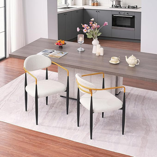 Modern Upholstered Accent Chair Set of 2 with Gold Accented Armrests, Ergonomic Barrel Back, Padded Fabric Seat, Metal Frame for Dining Room, Kitchen Island, Counter, Office (Beige,Dining Chair)
