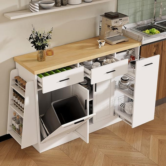 Multi-Functional Kitchen Sideboard with Trash Can Storage, Sliding Door Cabinet and 3-Tier Spice Rack, Kitchen Island Table with Drawers for Kitchen, Dining Room,WhiteParticleBoardMD