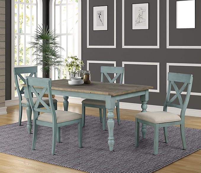 Roundhill Furniture Prato Two-Tone Wood Cross Back Upholstered Dining Chairs, Set of 2, Blue and Tan