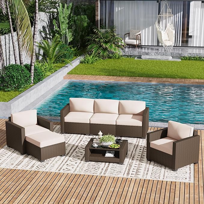 LOUVIXA 7 Piece Outdoor Patio Furniture Set, Rattan Chairs Glass Table Wicker Conversation Seating Sectional Sofa with Cushions (Brown-Beige, 7Pcs-2 Layer Coffee Table)