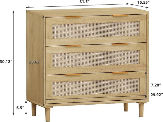 GDFStudio 31.5" Rattan Storage Cabinet with 3 Drawers, Modern Farmhouse Sideboard Buffet Cabinet, Wood Credenza Console Table for Living Room Dining Room Kitchen Hallway, Easy Assembly, Oak